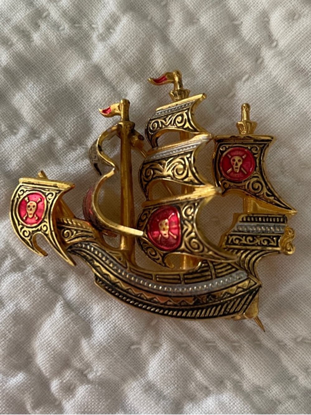 Gold Pirate Ship Brooch with Red Enamel Accents